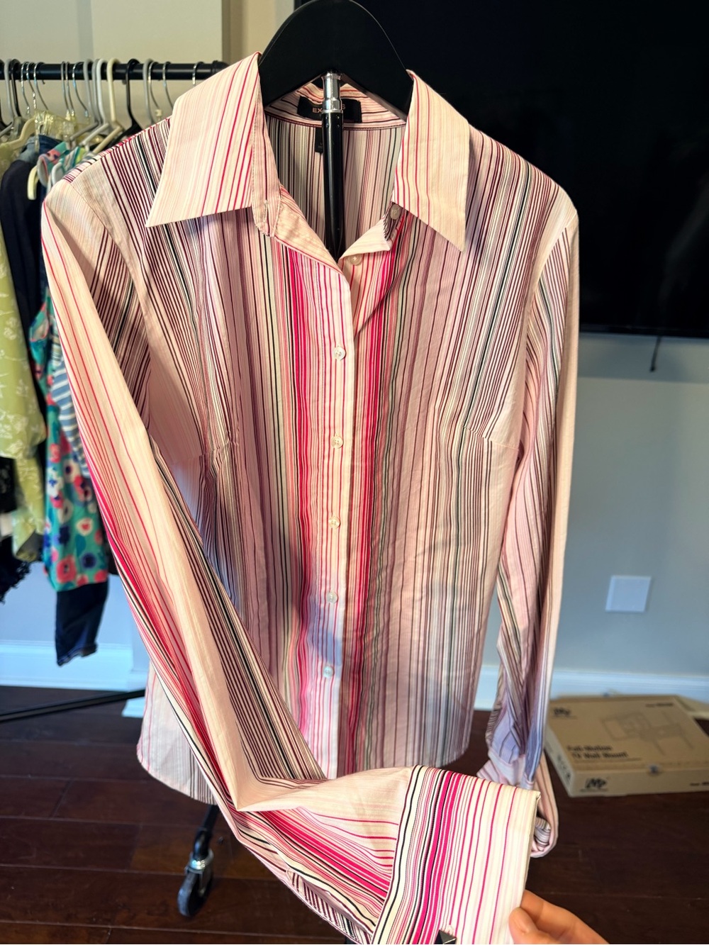Express Women's Pink Multi-Stripe Button Down Shirt